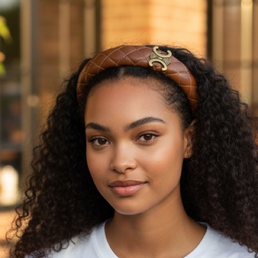 Elegant GOLD Metal Brown Quilted vegan leather Headband NEW hair TIE